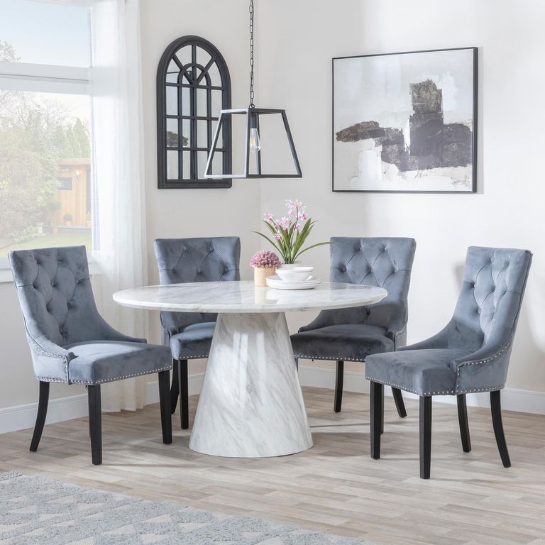 Carrera Dining Set - 4 Seater - 130cm - Round - White Marble - 4x Knocker Back Dining Chairs - Grey Velvet Fabric - Black Wooden Legs