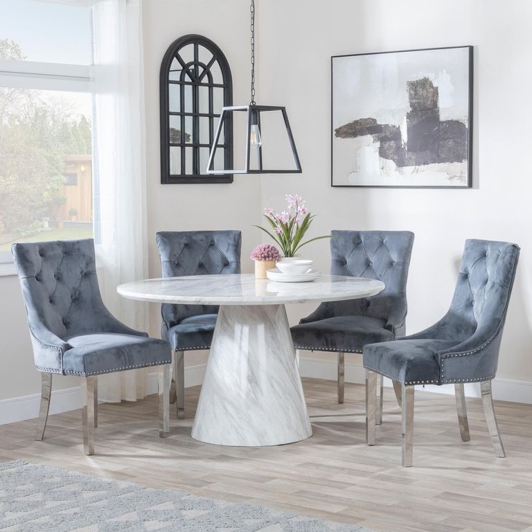 Carrera Dining Set - 4 Seater - 130cm - Round - White Marble - 4x Knocker Back Dining Chairs - Grey Velvet Fabric - Chrome Legs