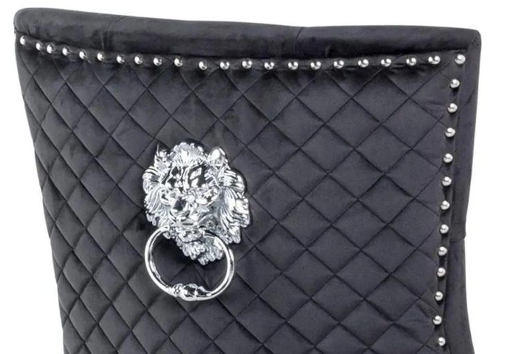 Carrera Dining Set - 4 Seater - 130cm - Round - White Marble - 4x Lion Knocker Back Dining Chairs - Black Velvet Fabric - Chrome Legs