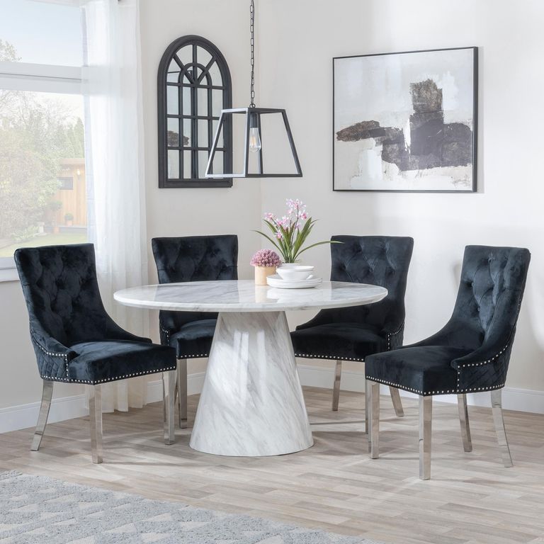Carrera Dining Set - 4 Seater - 130cm - Round - White Marble - 4x Lion Knocker Back Dining Chairs - Black Velvet Fabric - Chrome Legs