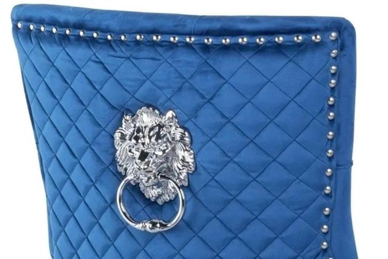 Carrera Dining Set - 4 Seater - 130cm - Round - White Marble - 4x Lion Knocker Back Dining Chairs - Blue Velvet Fabric - Chrome Legs