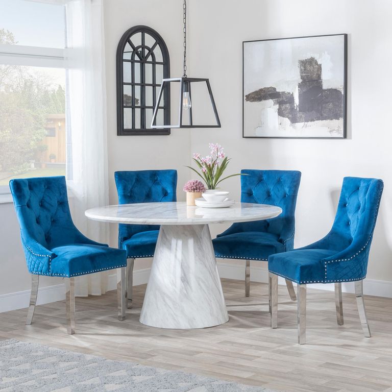 Carrera Dining Set - 4 Seater - 130cm - Round - White Marble - 4x Lion Knocker Back Dining Chairs - Blue Velvet Fabric - Chrome Legs