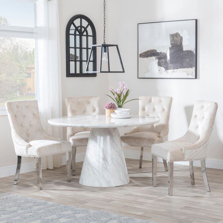 Carrera Dining Set - 4 Seater - 130cm - Round - White Marble - 4x Lion Knocker Back Dining Chairs - Champagne Velvet Fabric - Chrome Legs