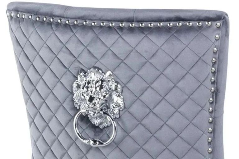 Carrera Dining Set - 4 Seater - 130cm - Round - White Marble - 4x Lion Knocker Back Dining Chairs - Grey Velvet Fabric - Black Wooden Legs