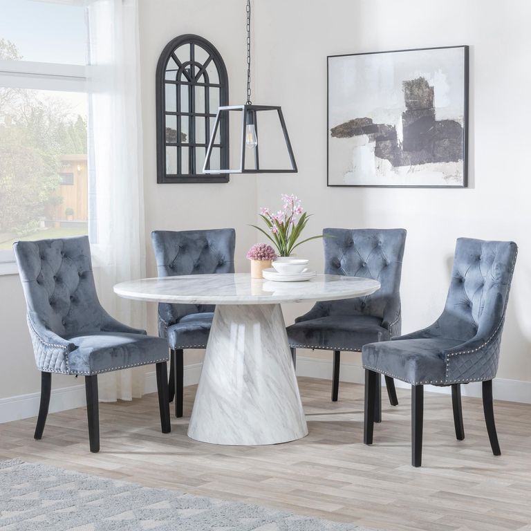 Carrera Dining Set - 4 Seater - 130cm - Round - White Marble - 4x Lion Knocker Back Dining Chairs - Grey Velvet Fabric - Black Wooden Legs