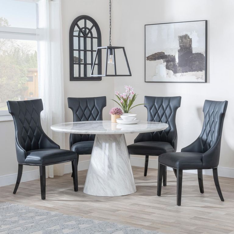 Carrera Dining Set - 4 Seater - 130cm - Round - White Marble - 4x Mimi Dining Chairs - Black Leather