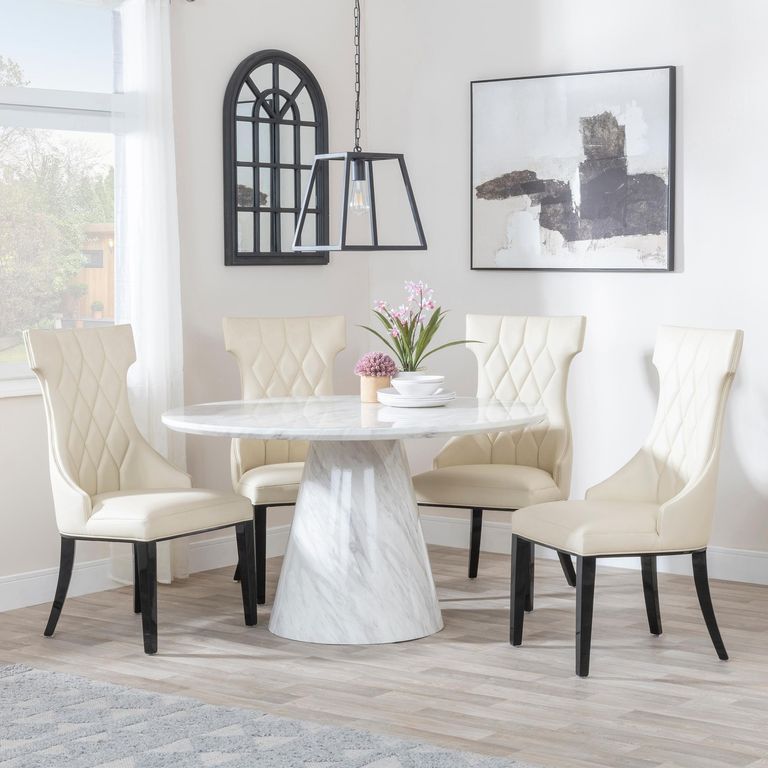 Carrera Dining Set - 4 Seater - 130cm - Round - White Marble - 4x Mimi Dining Chairs - Cream Leather