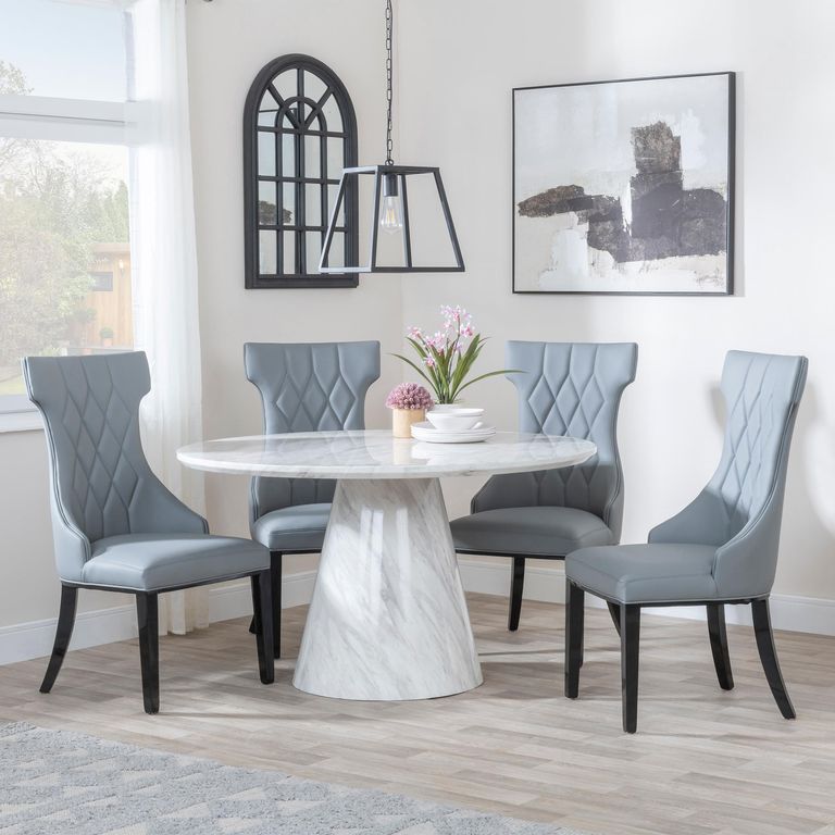Carrera Dining Set - 4 Seater - 130cm - Round - White Marble - 4x Mimi Dining Chairs - Grey Leather