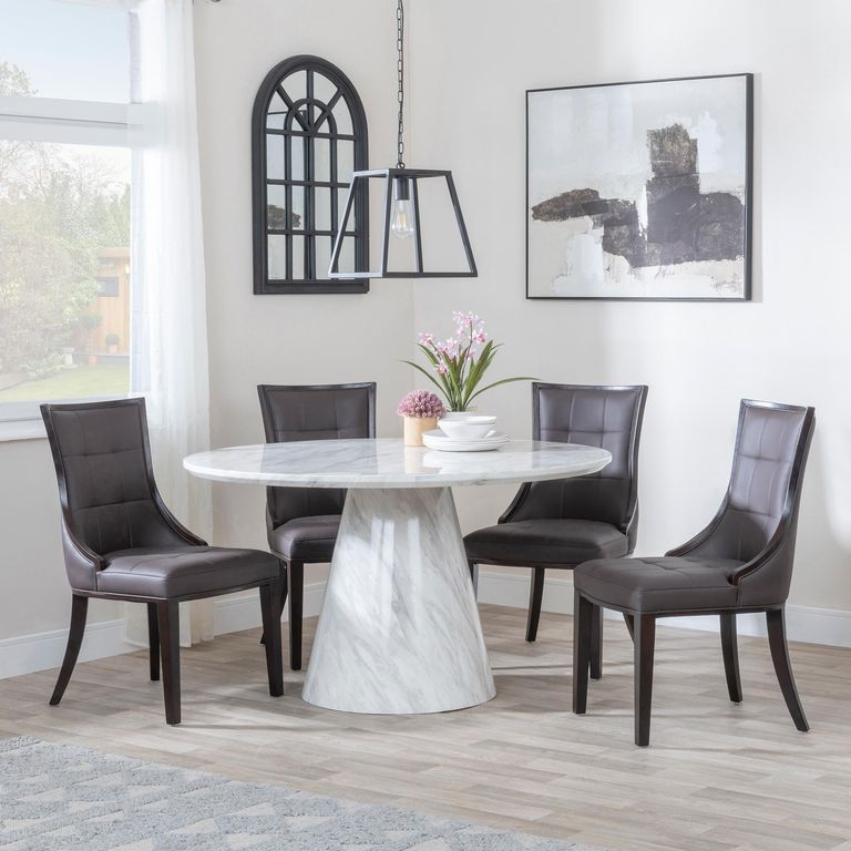Carrera Dining Set - 4 Seater - 130cm - Round - White Marble - 4x Paris Dining Chairs - Brown Leather - Brown Legs
