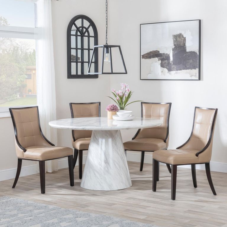 Carrera Dining Set - 4 Seater - 130cm - Round - White Marble - 4x Paris Dining Chairs - Taupe Leather - Brown Legs