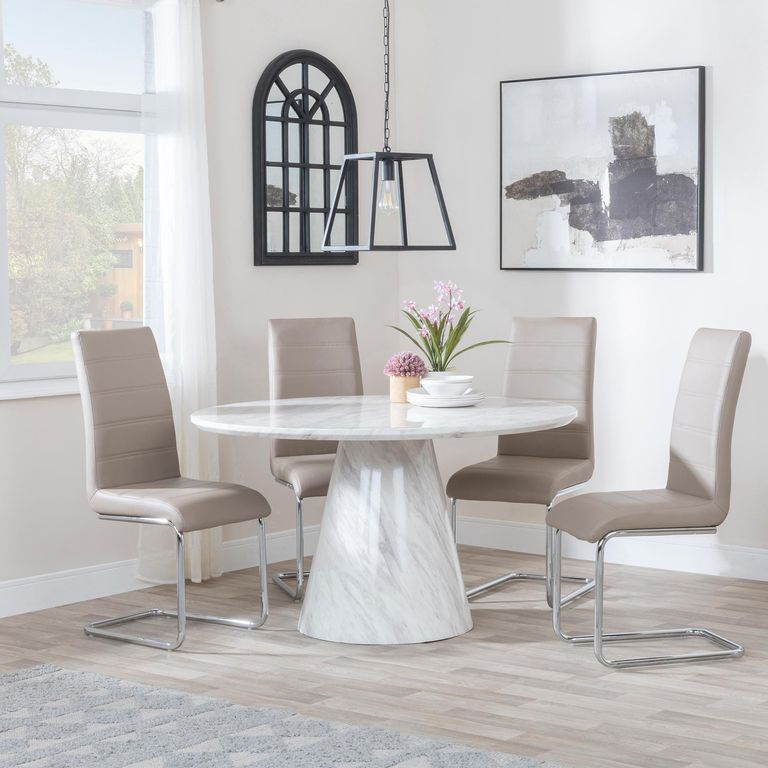 Carrera Dining Set - 4 Seater - 130cm - Round - White Marble - 4x Roma Dining Chairs - Beige Faux Leather