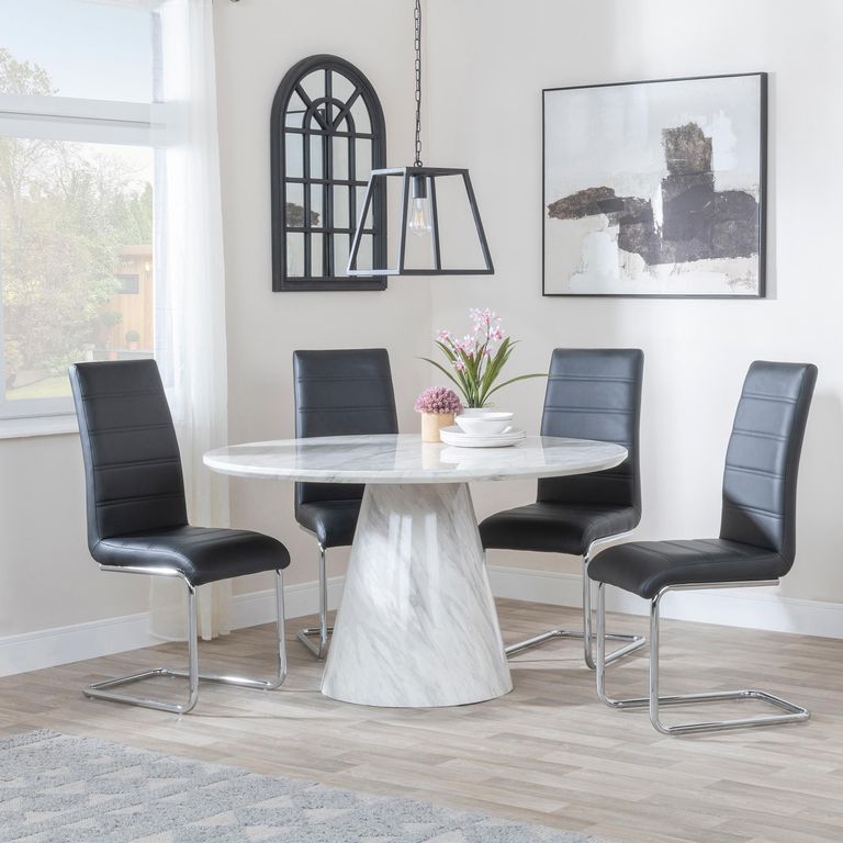 Carrera Dining Set - 4 Seater - 130cm - Round - White Marble - 4x Roma Dining Chairs - Black Faux Leather