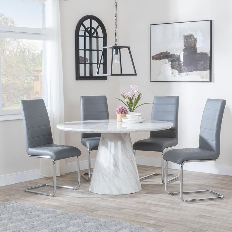 Carrera Dining Set - 4 Seater - 130cm - Round - White Marble - 4x Roma Dining Chairs - Grey Faux Leather
