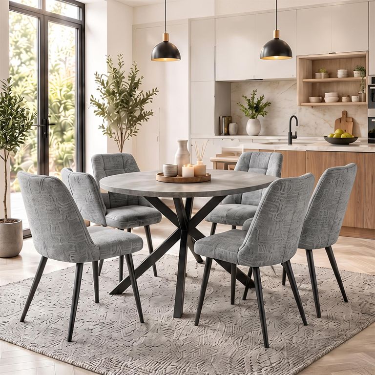 Faro Charcoal Melamine 6 Seater 150cm Round Dining Set with 6 Newport Chair