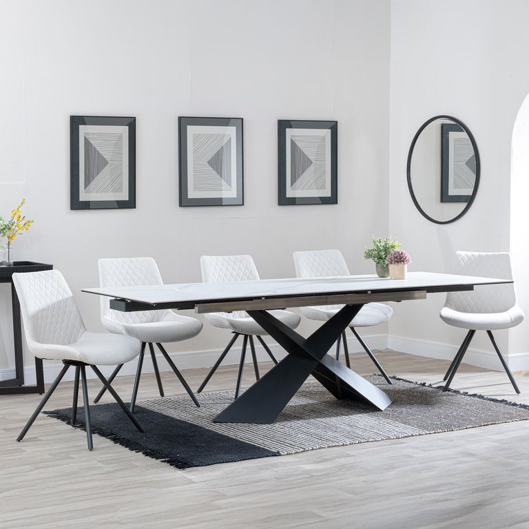 Hayden Dining Set - 6-12 Seater - 160cm-240cm - White Ceramic - Extending - Boden Swivel Dining Chairs - Cream Fabric