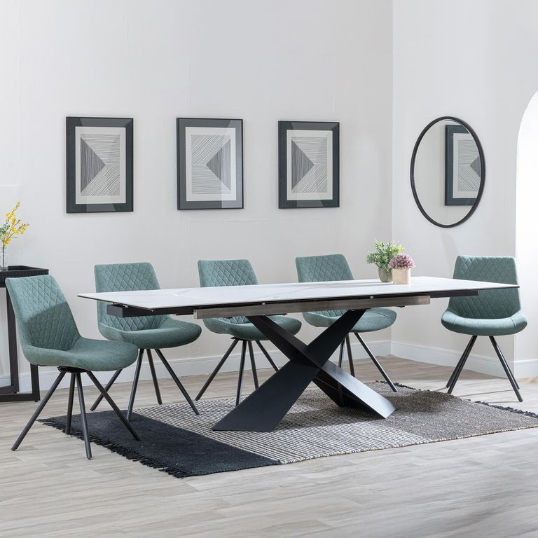Hayden Dining Set - 6-12 Seater - 160cm-240cm - White Ceramic - Extending - Boden Swivel Dining Chairs - Green Fabric