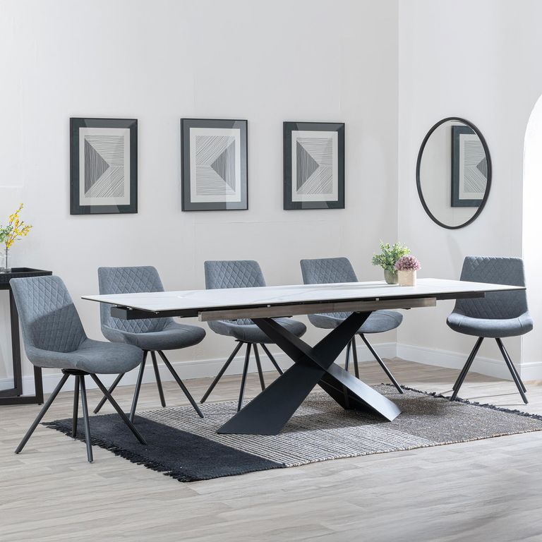 Hayden Dining Set - 6-12 Seater - 160cm-240cm - White Ceramic - Extending - Boden Swivel Dining Chairs - Grey Fabric
