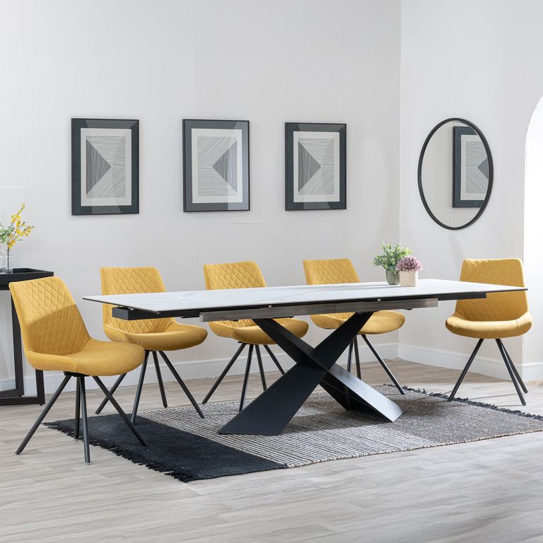 Hayden Dining Set - 6-12 Seater - 160cm-240cm - White Ceramic - Extending - Boden Swivel Dining Chairs - Yellow Fabric