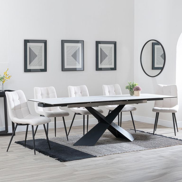 Hayden Dining Set - 6-12 Seater - 160cm-240cm - White Ceramic - Extending - Corona Dining Chairs - Beige Fabric