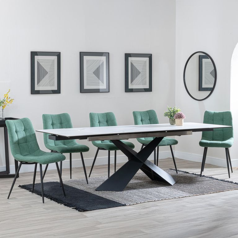 Hayden Dining Set - 6-12 Seater - 160cm-240cm - White Ceramic - Extending - Corona Dining Chairs - Green Fabric