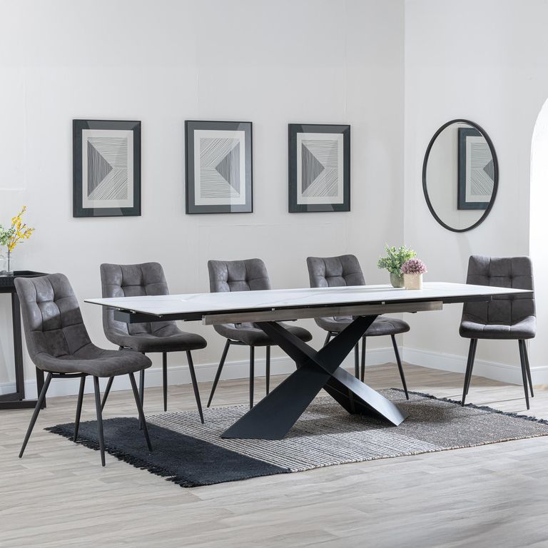 Hayden Dining Set - 6-12 Seater - 160cm-240cm - White Ceramic - Extending - Corona Dining Chairs - Grey Fabric