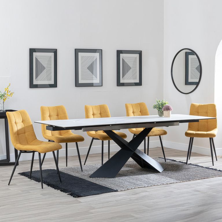 Hayden Dining Set - 6-12 Seater - 160cm-240cm - White Ceramic - Extending - Corona Dining Chairs - Yellow Fabric