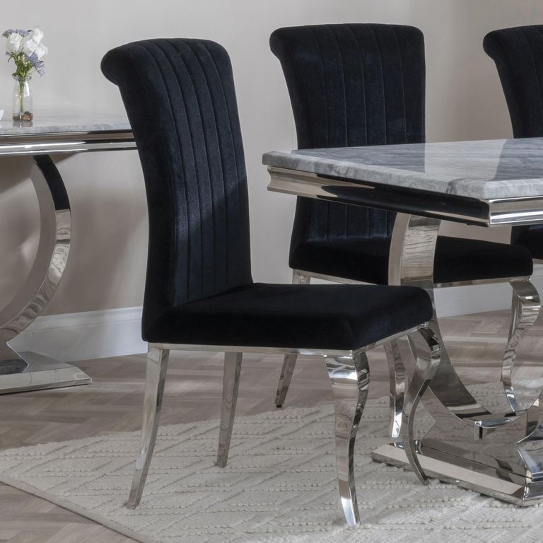 Louis Dining Set - 4 Seater - 140cm - Grey Marble & Chrome - Dining Chairs - Black Velvet Fabric