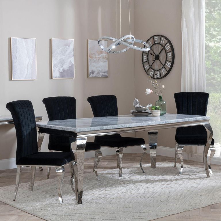 Louis Dining Set - 4 Seater - 140cm - Grey Marble & Chrome - Dining Chairs - Black Velvet Fabric