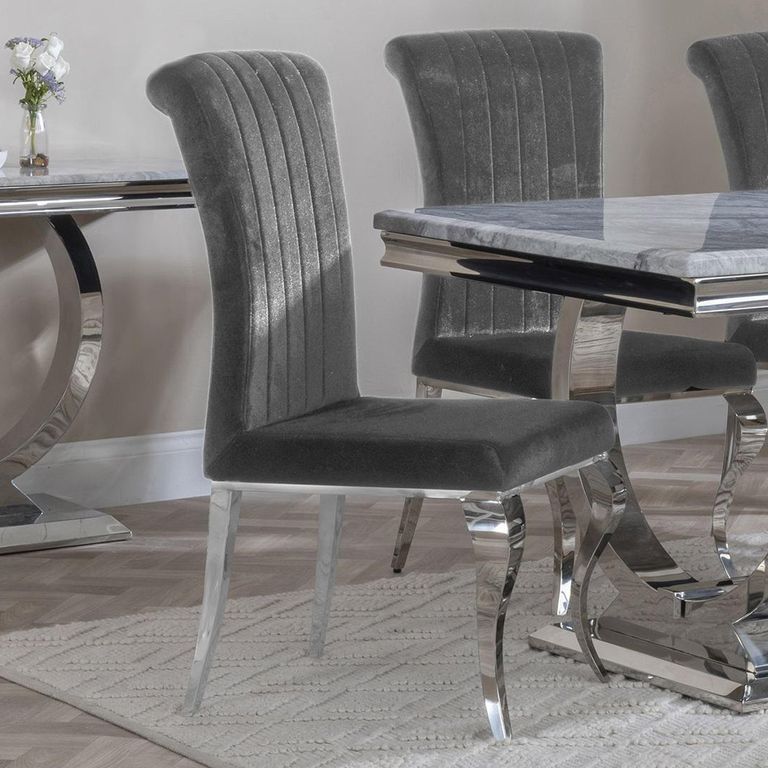 Louis Dining Set - 4 Seater - 140cm - Grey Marble & Chrome - Dining Chairs - Grey Velvet Fabric