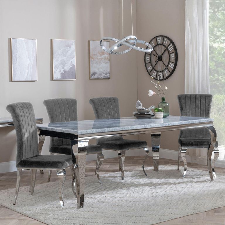 Louis Dining Set - 4 Seater - 140cm - Grey Marble & Chrome - Dining Chairs - Grey Velvet Fabric