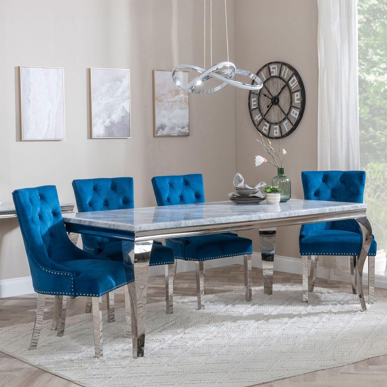 Louis Dining Set - 4 Seater - 140cm - Grey Marble & Chrome - Knocker Back Dining Chairs - Blue Velvet Fabric - Chrome Legs