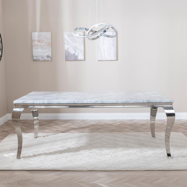 Louis Dining Set - 4 Seater - 140cm - Grey Marble & Chrome - Roma Dining Chairs - Beige Faux Leather
