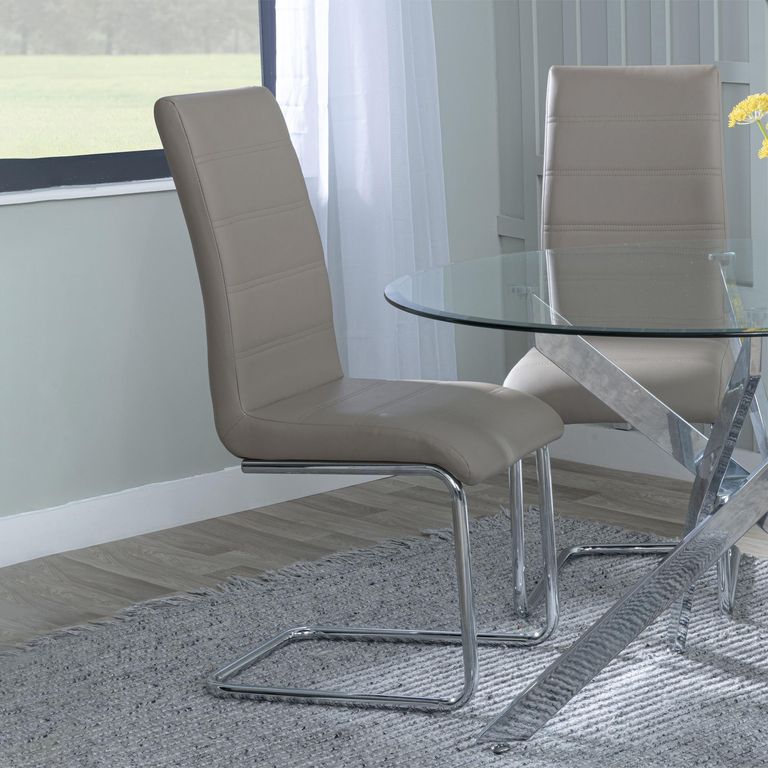Louis Dining Set - 4 Seater - 140cm - Grey Marble & Chrome - Roma Dining Chairs - Beige Faux Leather