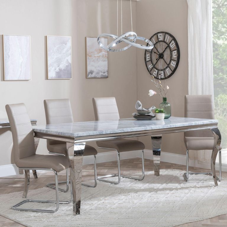 Louis Dining Set - 4 Seater - 140cm - Grey Marble & Chrome - Roma Dining Chairs - Beige Faux Leather