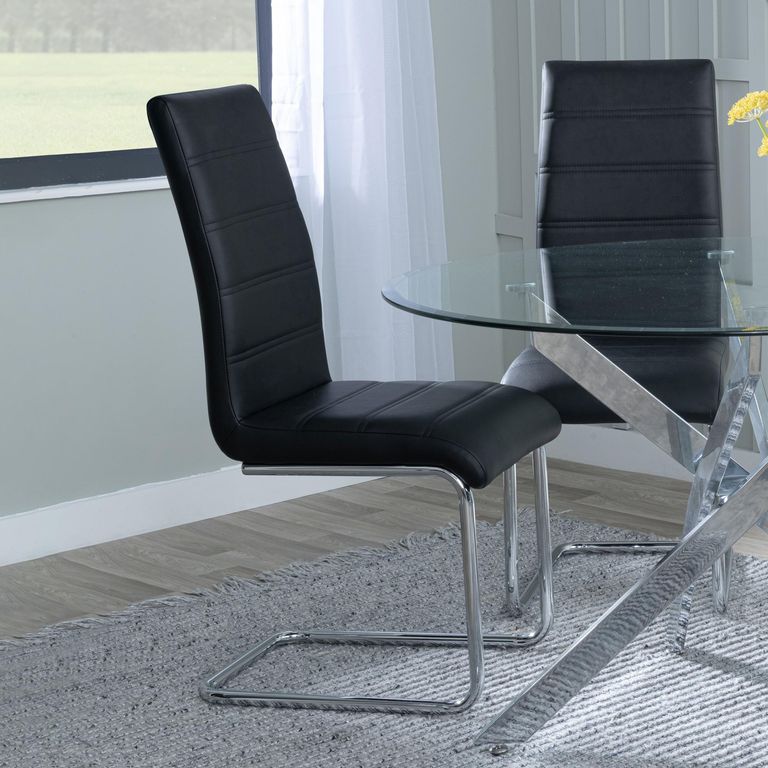 Louis Dining Set - 4 Seater - 140cm - Grey Marble & Chrome - Roma Dining Chairs - Black Faux Leather