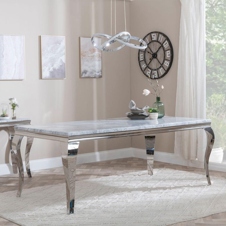 Louis Dining Set - 4 Seater - 140cm - Grey Marble & Chrome - Roma Dining Chairs - Grey Faux Leather