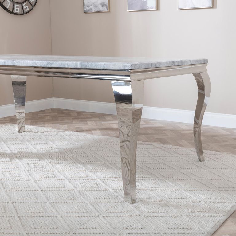 Louis Dining Set - 4 Seater - 140cm - Grey Marble & Chrome - Roma Dining Chairs - Grey Faux Leather