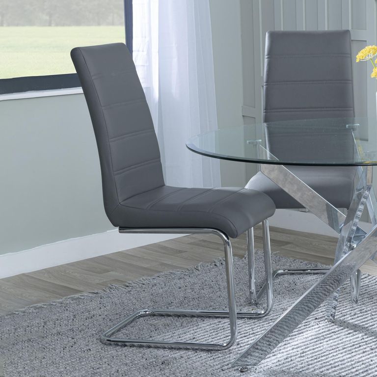 Louis Dining Set - 4 Seater - 140cm - Grey Marble & Chrome - Roma Dining Chairs - Grey Faux Leather