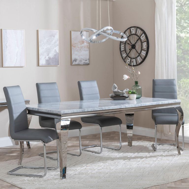 Louis Dining Set - 4 Seater - 140cm - Grey Marble & Chrome - Roma Dining Chairs - Grey Faux Leather