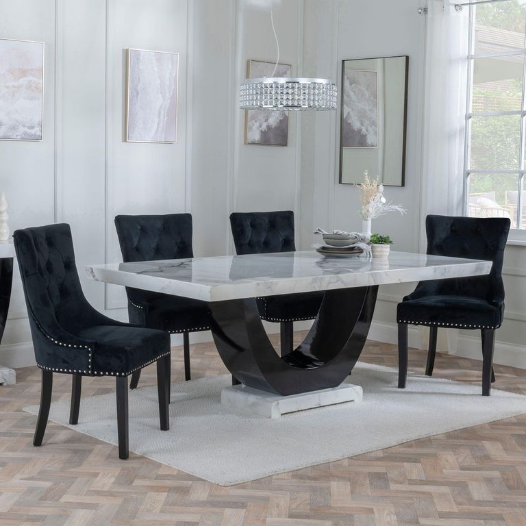 Madrid Dining Set - 6-8 Seater - 160cm-180cm - White Marble - Knocker Back Dining Chairs - Black Velvet Fabric - Black Wooden Legs