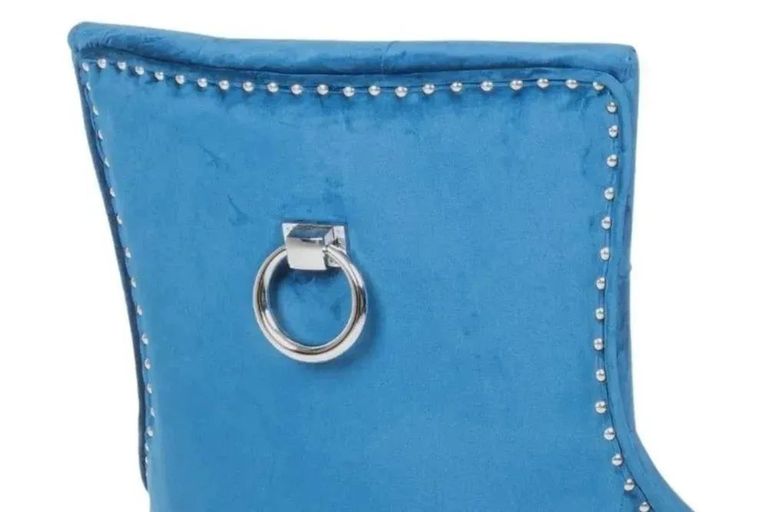 Madrid Dining Set - 6-8 Seater - 160cm-180cm - White Marble - Knocker Back Dining Chairs - Blue Velvet Fabric - Black Wooden Legs