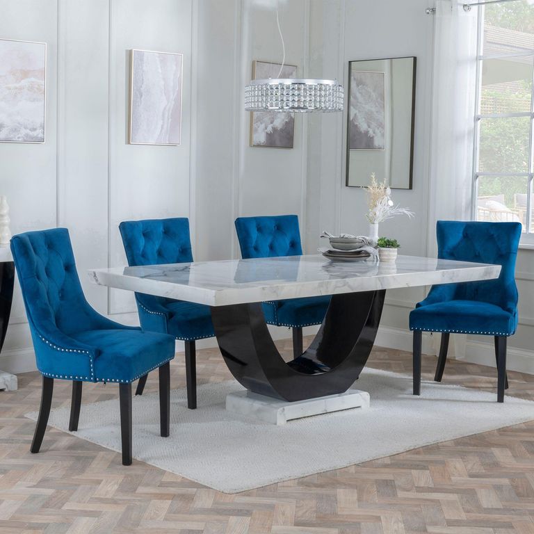 Madrid Dining Set - 6-8 Seater - 160cm-180cm - White Marble - Knocker Back Dining Chairs - Blue Velvet Fabric - Black Wooden Legs