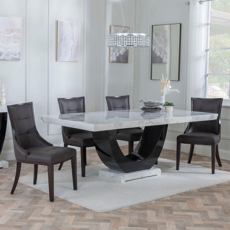 Madrid Dining Set - 6-8 Seater - 160cm-180cm - White Marble - Paris Dining Chairs - Brown Leather - Brown Legs