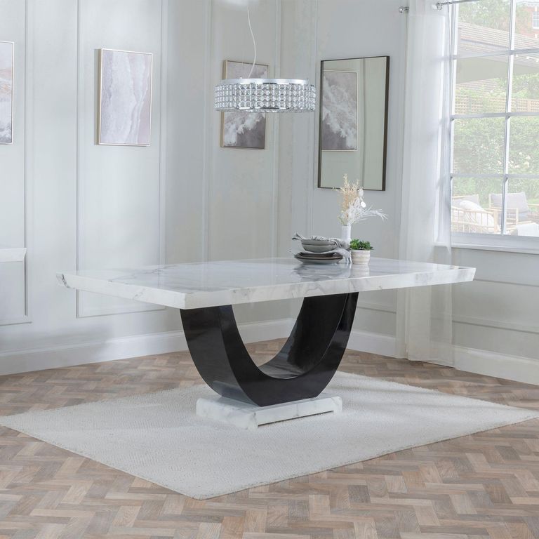 Madrid Dining Set - 6-8 Seater - 160cm-180cm - White Marble - Paris Dining Chairs - Grey Leather - Black Legs