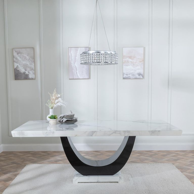 Madrid Dining Set - 6-8 Seater - 160cm-180cm - White Marble - Paris Dining Chairs - Taupe Leather - Brown Legs