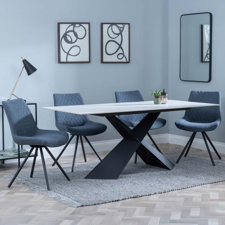 Merlin Dining Set - 6 Seater - 180cm - White Ceramic - Boden Swivel Dining Chairs - Dark Grey Fabric