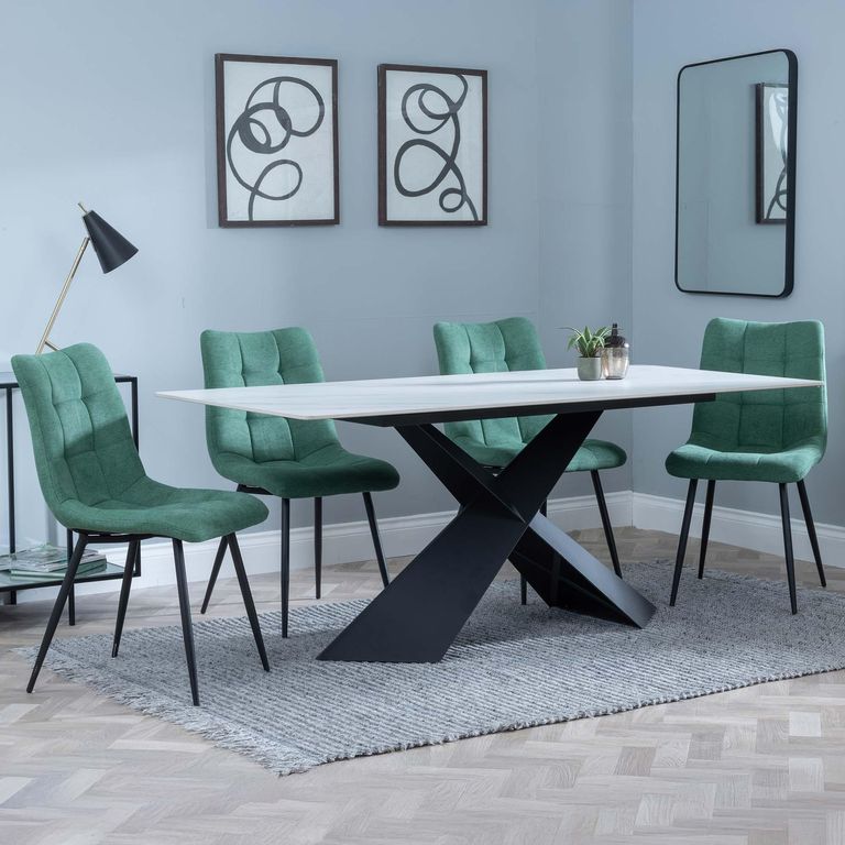 Merlin Dining Set - 6 Seater - 180cm - White Ceramic - Corona Dining Chairs - Green Fabric