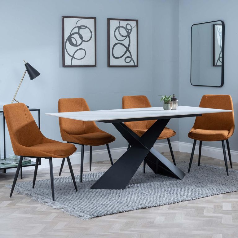 Merlin Dining Set - 6 Seater - 180cm - White Ceramic - Darwin Dining Chairs - Orange Fabric
