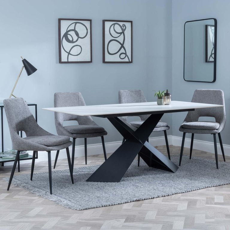 Merlin Dining Set - 6 Seater - 180cm - White Ceramic - Peyton Dining Chairs - Grey Fabric