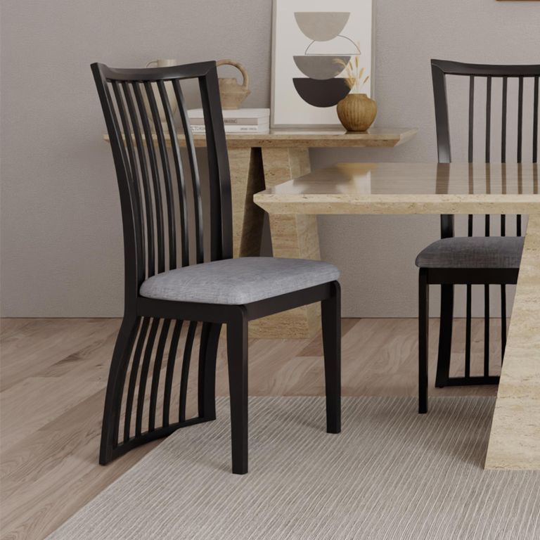 Milan Dining Set - 6 Seater - 160cm - Travertine Beige Engineered Marble - Athena Dining Chairs - Black High Gloss - Slatted Back - Grey Seat Pads